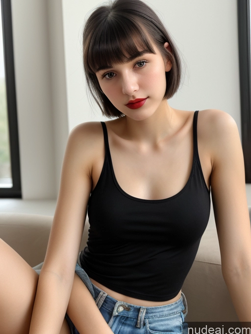 ai nude image of arafed woman in a black tank top and denim shorts sitting on a couch pics of Small Tits Beautiful Skinny 18 Lipstick Black Hair Russian Close-up View Tank Top Bangs