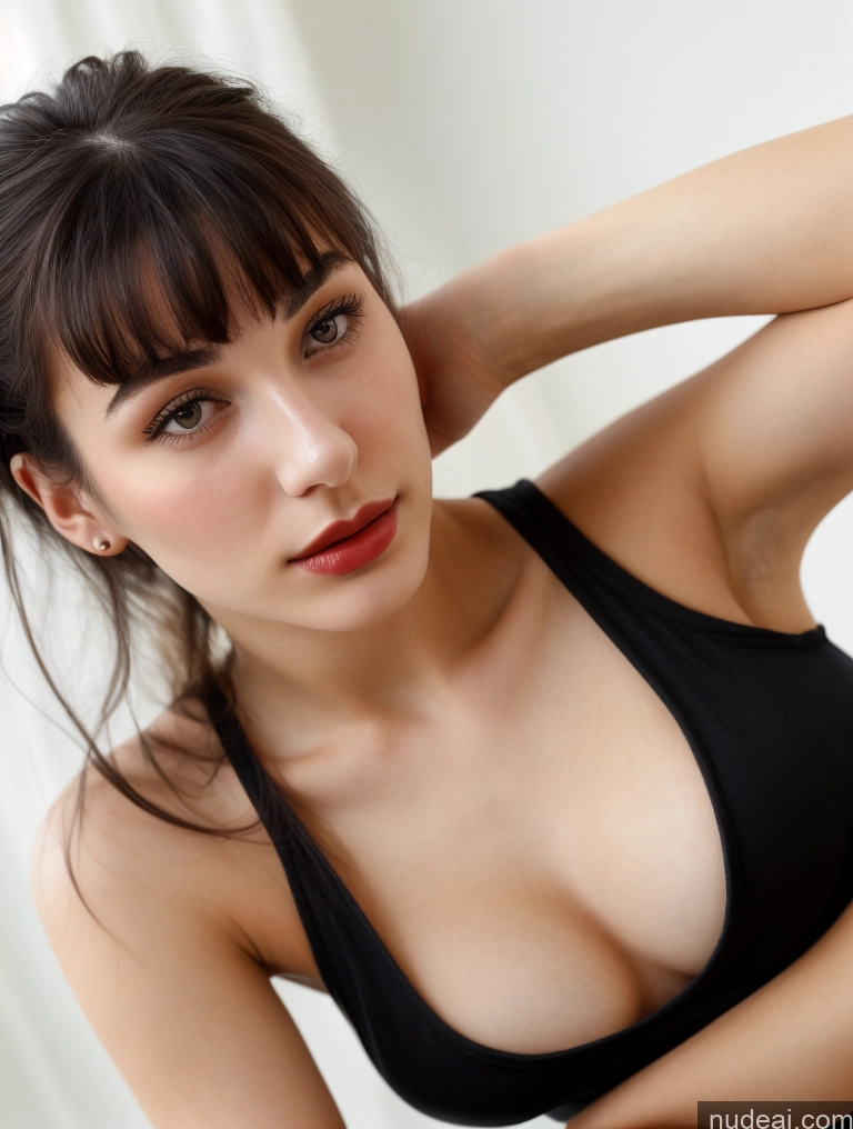 ai nude image of there is a woman in a black top posing for a picture pics of Small Tits Beautiful Skinny 18 Lipstick Black Hair Russian Close-up View Tank Top Bangs