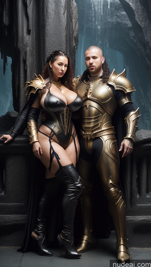 ai nude image of there are two people dressed up as a knight and a lady pics of Woman + Man Several Busty Huge Boobs Big Ass Abs Chubby Long Legs Tall Perfect Body Fairer Skin Oiled Body 30s Seductive Ginger Braided Chinese Front View Nude Sci-fi Armor Gold Jewelry Detailed Death Knight Hell Surrealist