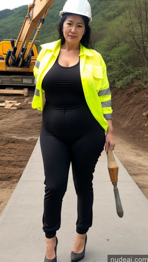 ai nude image of woman in black pants and yellow jacket holding a large hammer pics of Milf Busty Big Hips Big Ass Pubic Hair Fairer Skin Long Hair Black Hair Pantylines Korean Construction Worker 60s