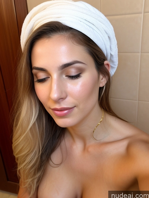 ai nude image of arafed woman with a towel on her head in a bathroom pics of Woman Two Perfect Boobs Beautiful Abs Perfect Body Fairer Skin 18 Seductive Sexy Face Orgasm White Hair Long Hair Jewish Bathroom Cumshot Nude Gold Jewelry