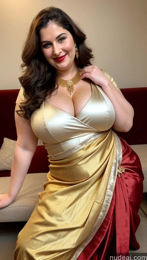 ai nude image of araffe woman in a sari posing for a picture pics of Milf Busty Beautiful Lipstick Thick Chubby Big Hips Fat Fairer Skin 20s Happy Seductive Brunette Long Hair Russian Party Front View Straddling Sari Blouse Dirndl Victorian Cleavage Gold Jewelry