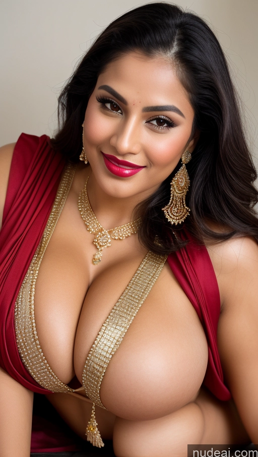 ai nude image of araffed woman in a red dress posing for a picture pics of Miss Universe Model Busty Huge Boobs Beautiful Lipstick Big Ass Chubby Perfect Body Fairer Skin Happy Seductive Sexy Face Black Hair Straight Middle Eastern Skin Detail (beta) Onsen Close-up View Sari Traditional Jewelry Gold Jewelry Bright Lighting Cleavage