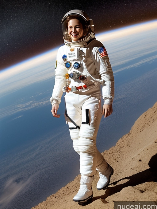 ai nude image of astronaut walking on the ground in space with earth in the background pics of Athlete One Tall Long Legs Fairer Skin 20s Happy Black Hair Pixie White Space Suit