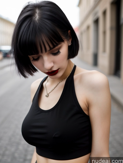 ai nude image of arafed woman in black top looking down at cell phone pics of Small Tits Beautiful Lipstick Skinny 18 Black Hair Bangs Russian Street Close-up View Goth Tank Top