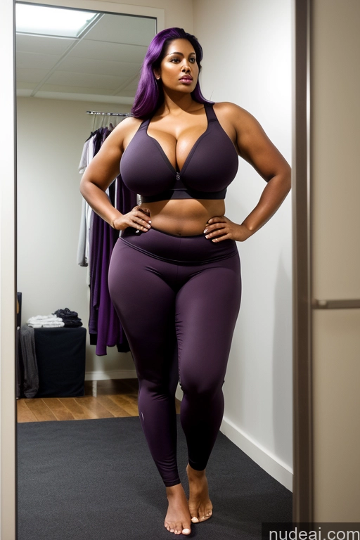 ai nude image of arafed woman in a purple bra top and purple leggings standing in a room pics of Milf One Busty Huge Boobs Big Ass Thick Chubby Big Hips Tall Long Legs Dark Skin 50s Sexy Face Indian Front View T-pose Dark Lighting Detailed Sports Bra Yoga Pants Purple Hair Seductive Changing Room