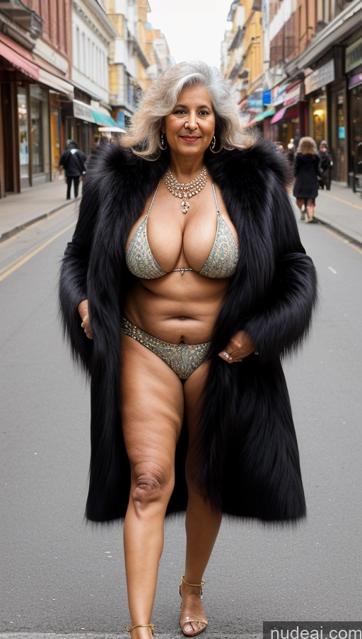 ai nude image of araffe woman in a fur coat and bikini walking down a street pics of Milf Busty Big Ass 70s Long Hair Indian Bikini Two Street Jewelry Fur