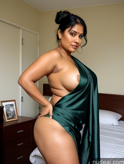 ai nude image of there is a woman in a green dress posing on a bed pics of Milf Several Perfect Boobs Big Ass Thick Pubic Hair Tanned Skin Chubby 40s Seductive Sexy Face Black Hair Hair Bun Indian Bedroom Sari Teacher Blowjob Perfect Body Big Hips Beautiful