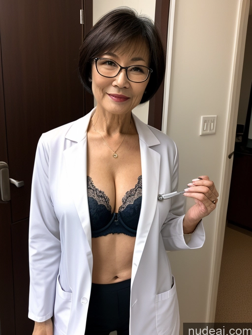 ai nude image of woman in white lab coat holding a knife and fork in her hand pics of Milf Two Perfect Boobs Beautiful Glasses Perfect Body Short Hair 70s Chinese Bra Casual Doctor Lab Coat Cleavage Dark Lighting Detailed Sexy Face