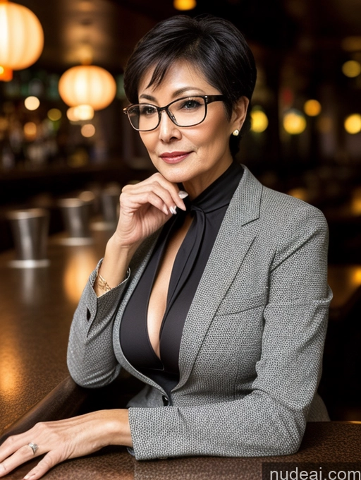 ai nude image of there is a woman sitting at a bar with a drink in her hand pics of Milf Seductive Pixie Chinese Bar Casual Professor Stylish Suit Perfect Boobs Perfect Body Glasses Beautiful Sexy Face Blouse Bra Cleavage Dark Lighting Detailed 80s