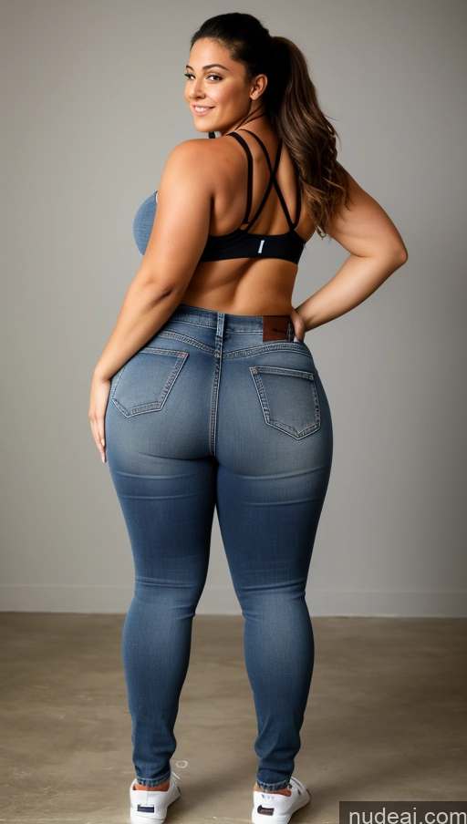 ai nude image of araffe woman in a blue top and jeans posing for a picture pics of Athlete Big Hips Big Ass Jeans