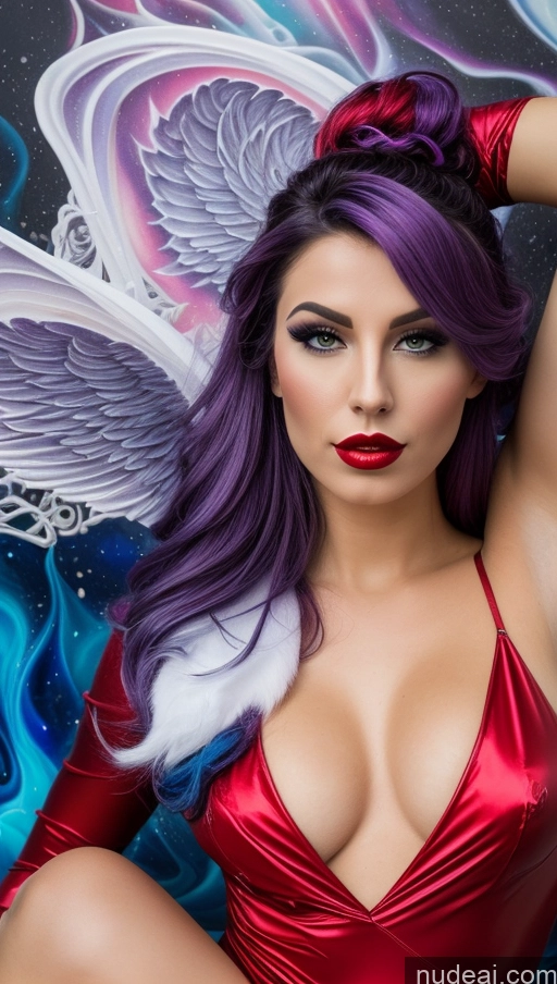 ai nude image of arafed woman in a red bodysuit with wings and a red dress pics of Purple Hair Athlete Close-up View Angel Nude Devil Legspread Surrealist