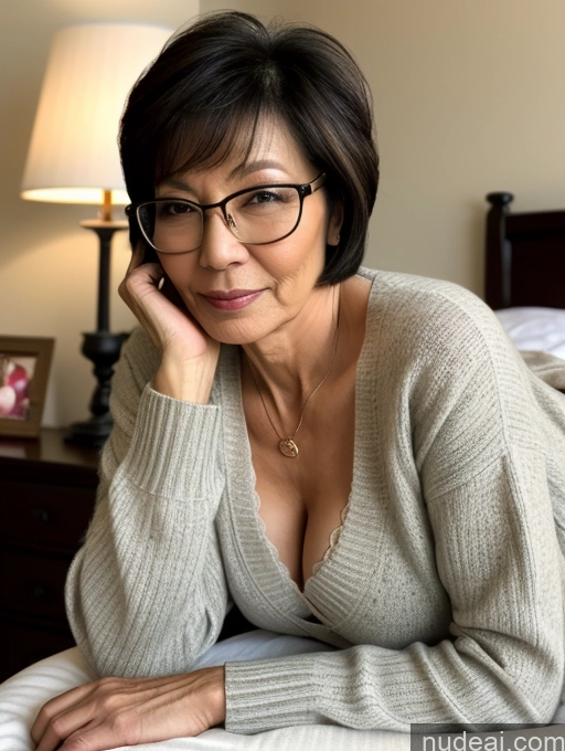 related ai porn images free for Milf Two Beautiful Glasses Perfect Body Short Hair 70s Chinese Side View Bra Casual Professor Sweater Cleavage Dark Lighting Detailed Sexy Face Small Tits Bedroom On Back