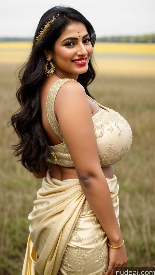 ai nude image of a woman in a sari posing for a picture in a field pics of Woman Busty Huge Boobs Beautiful Lipstick Big Ass Chubby Fairer Skin 50s Happy Seductive Sexy Face Black Hair Straight Indian Skin Detail (beta) Meadow Front View Sari Wedding Jewelry Gold Jewelry Bright Lighting Blouse