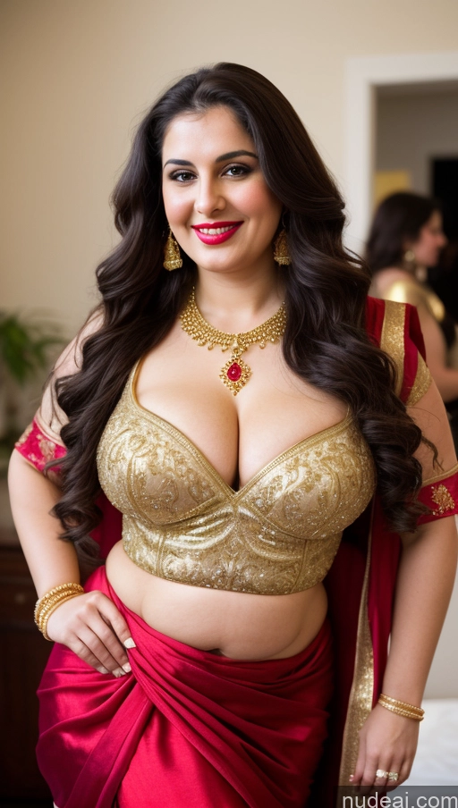 ai nude image of araffe woman in a red sari posing for a picture pics of Milf Busty Beautiful Lipstick Thick Chubby Big Hips Fat Fairer Skin 20s Happy Seductive Brunette Long Hair Russian Party Front View Straddling Sari Blouse Dirndl Victorian Cleavage Gold Jewelry