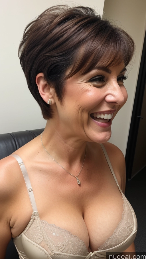 ai nude image of smiling woman with short brown hair wearing a bra and a necklace pics of Milf Pixie Bra Detailed Busty Laughing Brunette