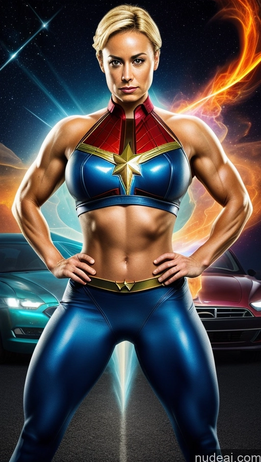 ai nude image of a woman in a blue and red costume posing for a picture pics of Several Perfect Boobs Muscular Abs Car Dynamic View Powering Up Bodybuilder Surrealist Captain Marvel