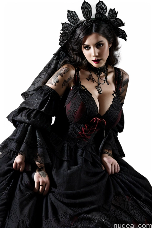 ai nude image of gothic woman in black dress with red and black lace pics of Model One Huge Boobs Perfect Boobs Busty Muscular Big Ass Abs Big Hips 18 Seductive Sexy Face Black Hair Arabic Stylish Modern Victorian Fashion Dress Ghotic Style V1 Vampire Victorian Stockholm Tattoos Dark Lighting