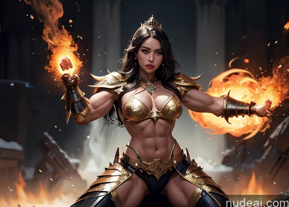 ai nude image of arafed woman in armor holding a fire and a sword pics of Bodybuilder Several Busty Muscular Abs Persian Knight Regal Gold Jewelry Perfect Body Fantasy Armor Battlefield Heat Vision Powering Up