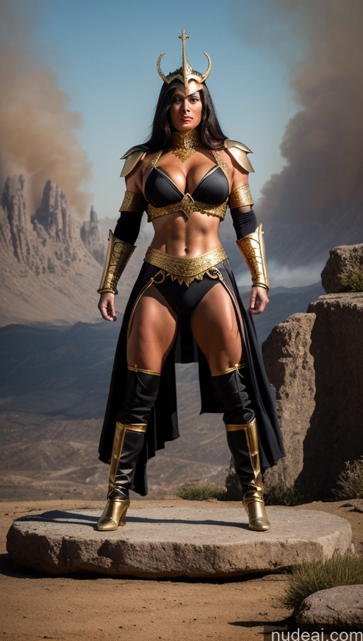 ai nude image of arafed woman in a costume standing on a rock in the desert pics of Bodybuilder Several Busty Muscular Abs Persian Knight Regal Gold Jewelry Perfect Body Fantasy Armor Battlefield Heat Vision Powering Up Surrealist Dynamic View