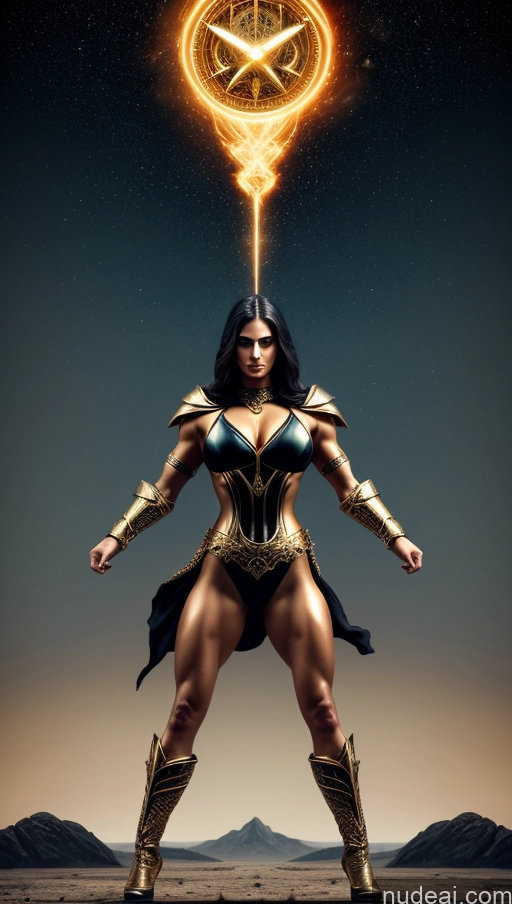 ai nude image of a close up of a woman in a costume with a light on her head pics of Bodybuilder Several Busty Muscular Abs Persian Knight Regal Gold Jewelry Perfect Body Fantasy Armor Battlefield Heat Vision Powering Up Surrealist Dynamic View