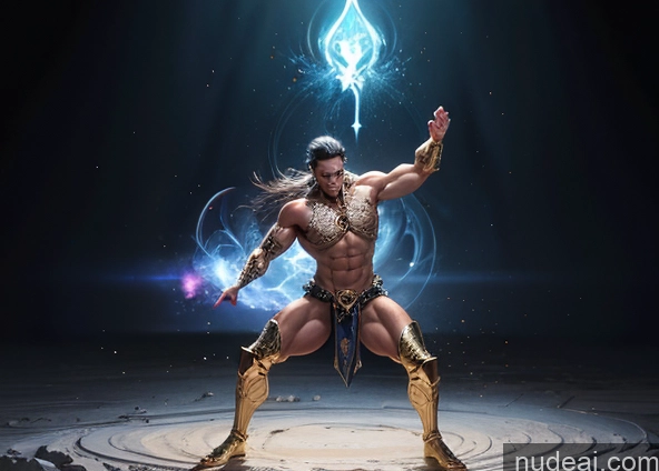 ai nude image of arafed male in a costume with a sword and a glowing light pics of Bodybuilder Several Busty Muscular Abs Persian Knight Regal Gold Jewelry Perfect Body Fantasy Armor Battlefield Heat Vision Powering Up Surrealist Dynamic View