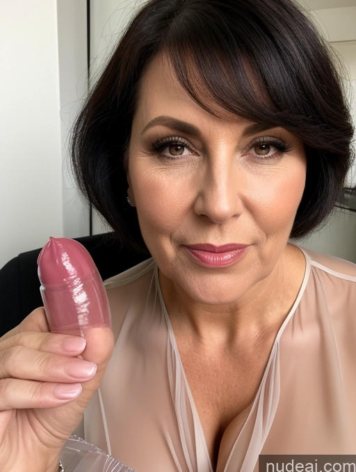 ai nude image of there is a woman holding a pink object in her hand pics of 70s Czech Milf Busty Big Ass Blouse Shirt Satin Transparent Simple Pixie Black Hair Chubby Blowjob Close-up View Professor