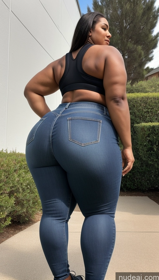 ai nude image of a woman in a black top and jeans is standing on a sidewalk pics of Athlete Big Ass Big Hips Jeans