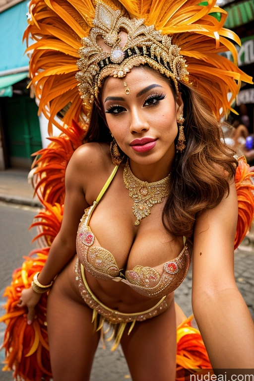 ai nude image of araffe dressed in a costume and feather headdress poses for a picture pics of Beautiful Skinny Big Ass Big Hips 20s Sexy Face Pouting Lips Seductive Film Photo Detailed Street Dance Dress: Samba Brazilian Tanned Skin Cleavage Huge Boobs Traditional Ginger