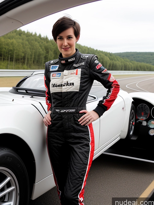 ai nude image of arafed woman in a racing suit standing next to a white car pics of Woman One Fairer Skin White Black Hair Small Ass Small Tits Tall Long Legs Abs Pixie 20s Race Driver Car