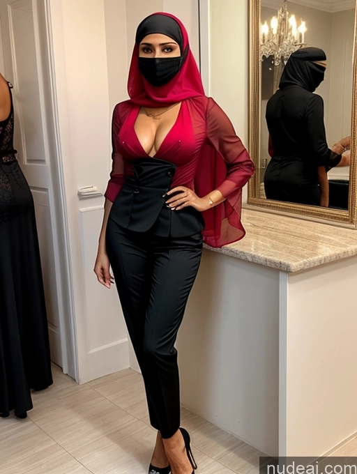 ai nude image of woman wearing a red scarf and black pants standing in front of a mirror pics of Milf Perfect Boobs Perfect Body Beautiful Dark Skin 60s Sexy Face Short Hair Arabic Party Niqab Cleavage Partially Nude Detailed Two Blouse Suit High Heels