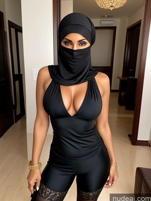 ai nude image of a woman in a black outfit and a black mask pics of Milf Perfect Boobs Perfect Body Beautiful Dark Skin 60s Sexy Face Short Hair Arabic Party Niqab Cleavage Partially Nude Detailed Two Blouse Suit High Heels