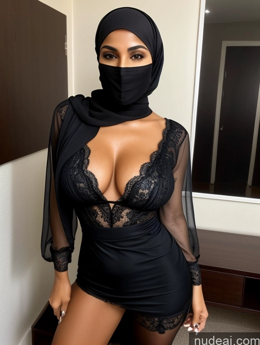 ai nude image of a close up of a woman wearing a black dress and a black mask pics of Milf Two Perfect Boobs Beautiful Perfect Body Short Hair Dark Skin 60s Arabic Party Blouse High Heels Niqab Suit Cleavage Partially Nude Detailed Sexy Face