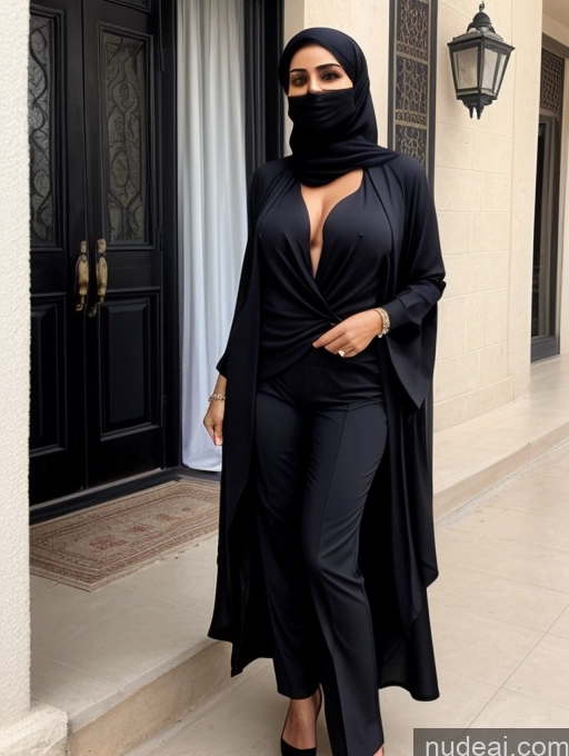 ai nude image of a woman in a black dress and a black scarf is standing outside pics of Milf Two Perfect Boobs Beautiful Perfect Body Short Hair Dark Skin 60s Arabic Blouse High Heels Niqab Suit Cleavage Partially Nude Detailed Sexy Face