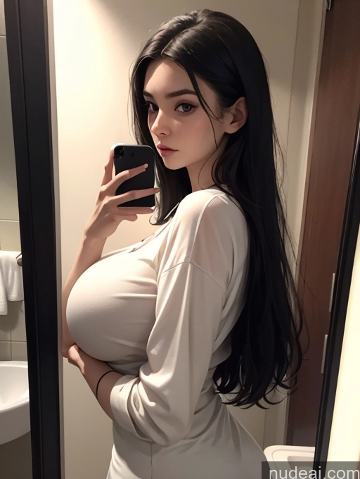 related ai porn images free for Woman One Huge Boobs 18 Serious Black Hair Long Hair White Mirror Selfie Bathroom Close-up View Blouse Skinny Dark Lighting