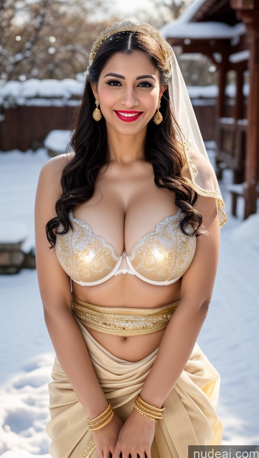 ai nude image of araffe woman in a gold dress posing for a picture pics of Huge Boobs Beautiful Lipstick Fairer Skin 50s Happy Seductive Sexy Face Black Hair Indian Skin Detail (beta) Bra Sari Traditional Wedding Gold Jewelry Bright Lighting Snow Big Ass Front View Thong Woman Detailed