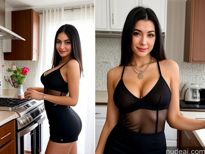 ai nude image of there is a woman in a black dress posing in a kitchen pics of Sorority Two Small Tits Small Ass 60s Sexy Face Ahegao Black Hair Straight French Kitchen 60s Cleavage Transparent Jewelry