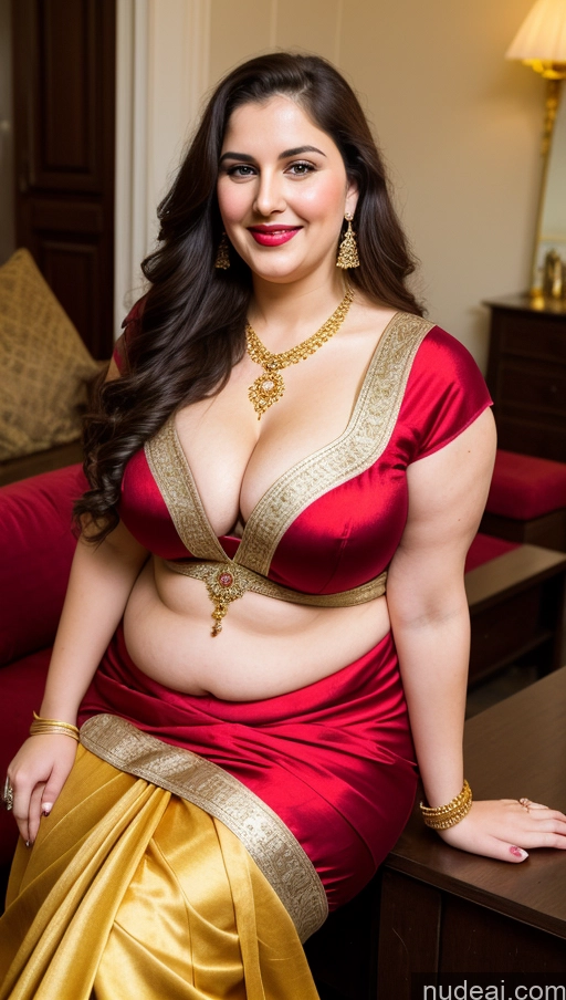 ai nude image of araffe woman in a red and gold sari posing for a picture pics of Milf Busty Beautiful Lipstick Thick Chubby Big Hips Fat Fairer Skin 20s Happy Seductive Brunette Long Hair Russian Party Front View Straddling Sari Blouse Dirndl Victorian Cleavage Gold Jewelry