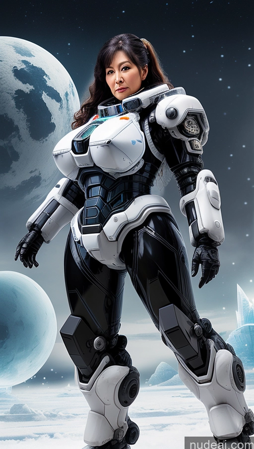 ai nude image of there is a woman in a futuristic suit standing in front of a planet pics of Milf Busty Big Hips Big Ass Pubic Hair 70s Long Hair Black Hair Japanese Elemental Series - Ice Mech Suit