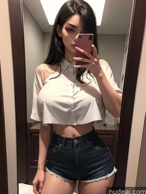 related ai porn images free for Woman One Huge Boobs Skinny 18 Serious Black Hair Long Hair White Mirror Selfie Bathroom Front View Crop Top Blouse Shirt Dark Lighting Short Shorts