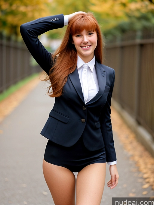 ai nude image of there is a woman in a suit posing on a street pics of Sorority Small Tits Beautiful Small Ass Skinny Big Hips Long Legs Tall Pubic Hair 18 Ginger Bangs Cleavage Happy Italian Suit Pantyhose High Heels Blouse Street Teacher