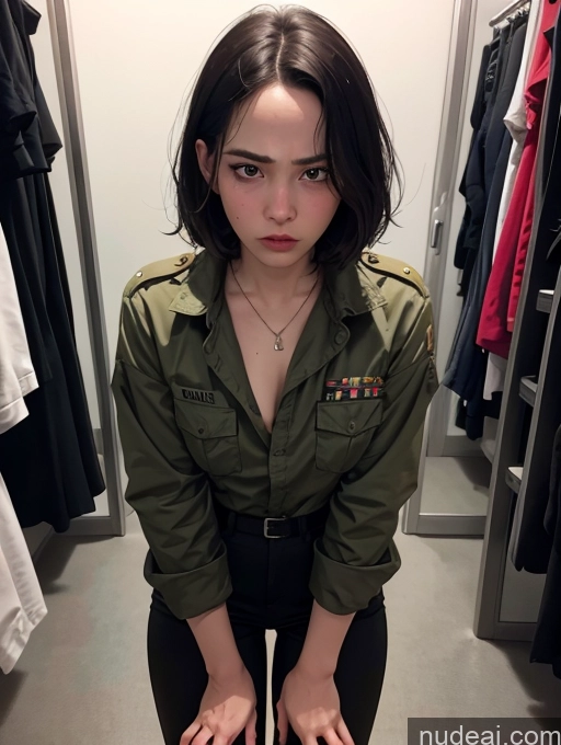 ai nude image of arafed woman in military uniform sitting on a stool in a closet pics of Beautiful Fairer Skin 18 Black Hair Asian Woman Several Changing Room Front View Bending Over Angry Military