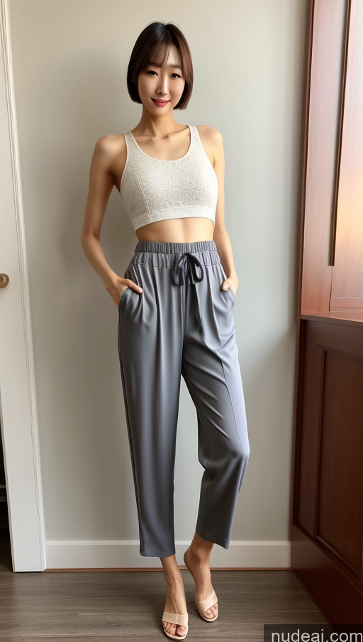 ai nude image of arafed woman in a white top and gray pants standing in a room pics of One Perfect Body Long Legs Short Bobcut Korean Front View 30s Model Harem Pants