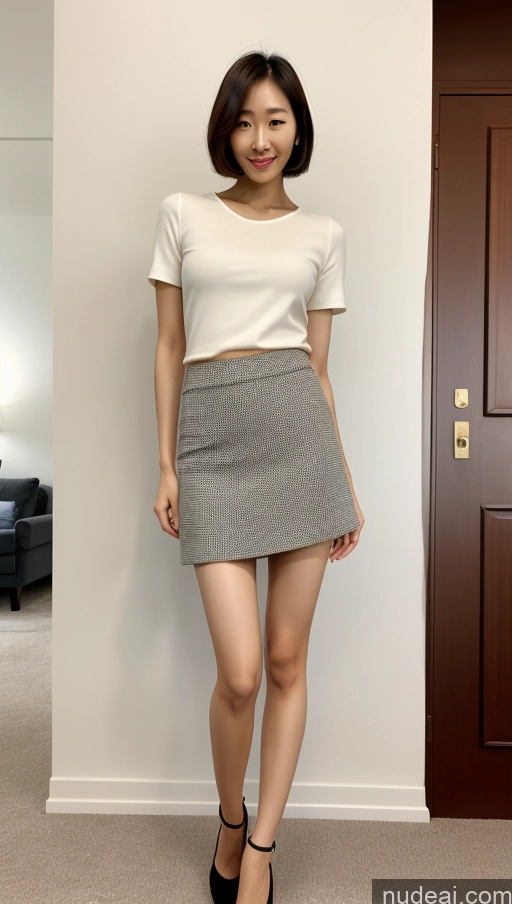 ai nude image of arafed woman in a white top and a gray skirt pics of One Perfect Body Long Legs Short Bobcut Korean Front View 30s Model Mini Skirt