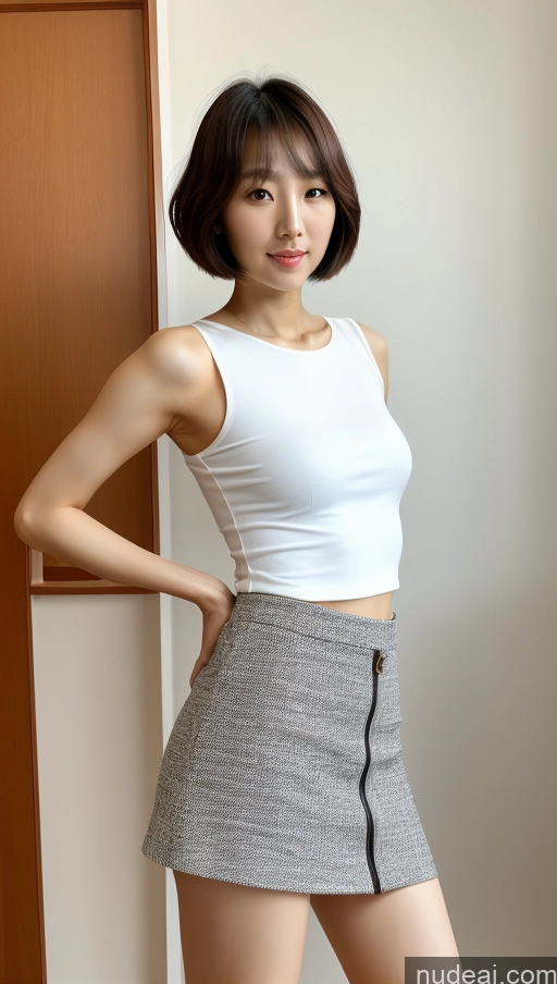 ai nude image of arafed asian woman in a white top and a gray skirt pics of One Perfect Body Long Legs Short Bobcut Korean Front View 30s Model Mini Skirt