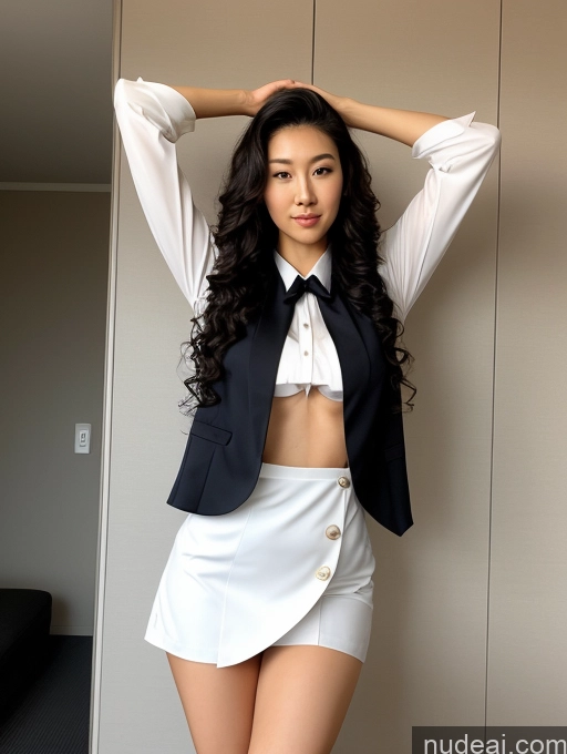 ai nude image of there is a woman in a white skirt and black jacket pics of Lingerie Model Small Tits Beautiful Big Ass Small Ass Skinny Abs Thick Big Hips Long Legs Tall Perfect Body 18 Serious Black Hair Japanese Front View Flight Attendant T-pose Curly Hair