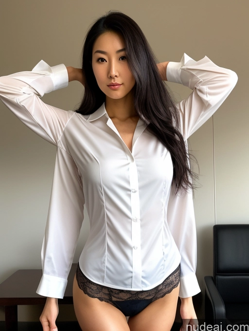 ai nude image of arafed asian woman in a white shirt and black panties posing pics of Lingerie Model Small Tits Beautiful Big Ass Small Ass Skinny Abs Thick Big Hips Long Legs Tall Perfect Body 18 Serious Black Hair Japanese Front View Flight Attendant T-pose Messy Blouse