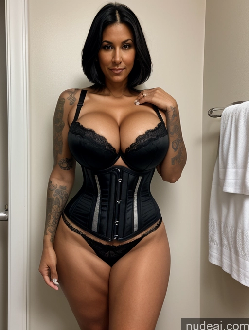 ai nude image of there is a woman in a black corset posing for a picture pics of Front View Bending Over Nilotic Sad Tall Tanned Skin Tattoos Huge Boobs Black Hair Bobcut Corset Push-up Bra Cleavage Bathroom Milf 40s