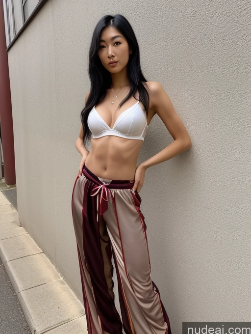 ai nude image of arafed asian woman in a white bra top and maroon pants pics of Lingerie Model Small Tits Beautiful Big Ass Small Ass Skinny Abs Thick Big Hips Long Legs Tall Perfect Body 18 Serious Black Hair Japanese Front View T-pose Messy Harlequin Harem Pants High Heels