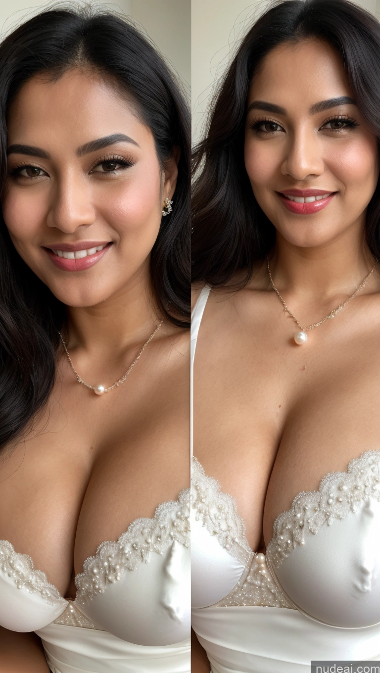 ai nude image of arafed woman with a white bralet and necklace posing for a picture pics of Huge Boobs Beautiful Lipstick Big Ass Fairer Skin 50s Happy Black Hair Skin Detail (beta) Bright Lighting Woman Push-up Bra Seductive Sexy Face Jewelry Straight Pearl Jewelry Close-up View Sari Wedding Malaysian